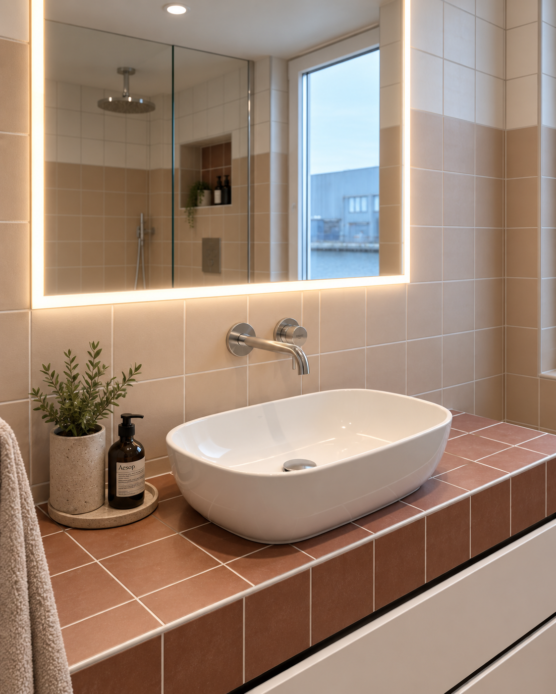 Wastafel en spiegel na badkamer renovatie